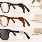 Anti-slip ear hooks shown with everyday glasses, reading glasses and sunglasses