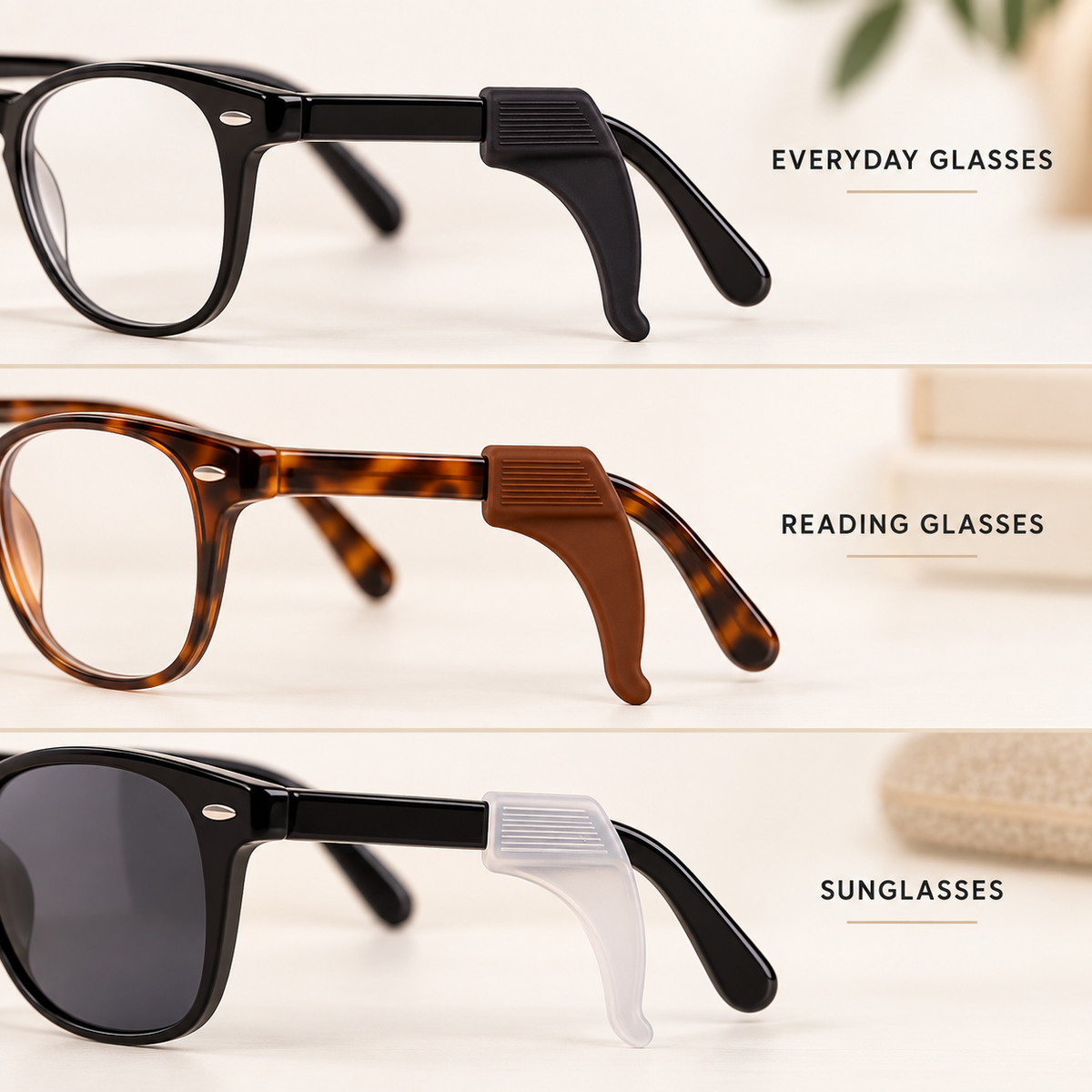 Anti-slip ear hooks shown with everyday glasses, reading glasses and sunglasses