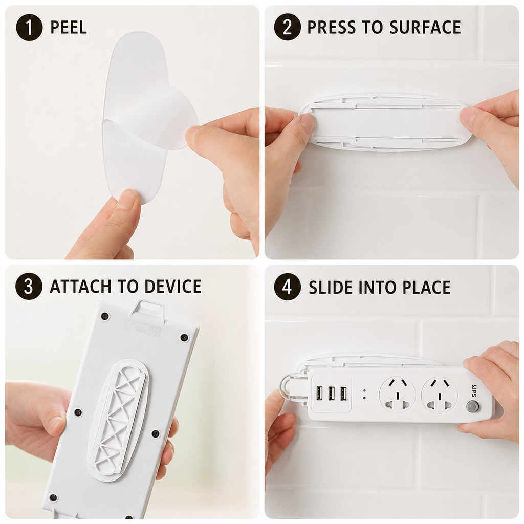 Four-step Desktop Socket Fixer adhesive installation guide