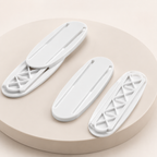 Two complete white oval Desktop Socket Fixer sets showing the real slide-rail design