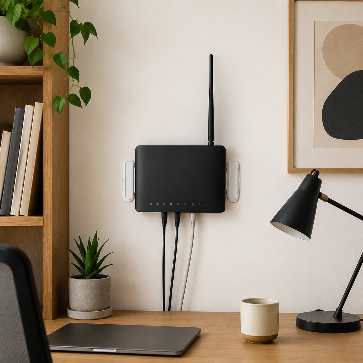 Two real Desktop Socket Fixers mounting a Wi-Fi router in a home office