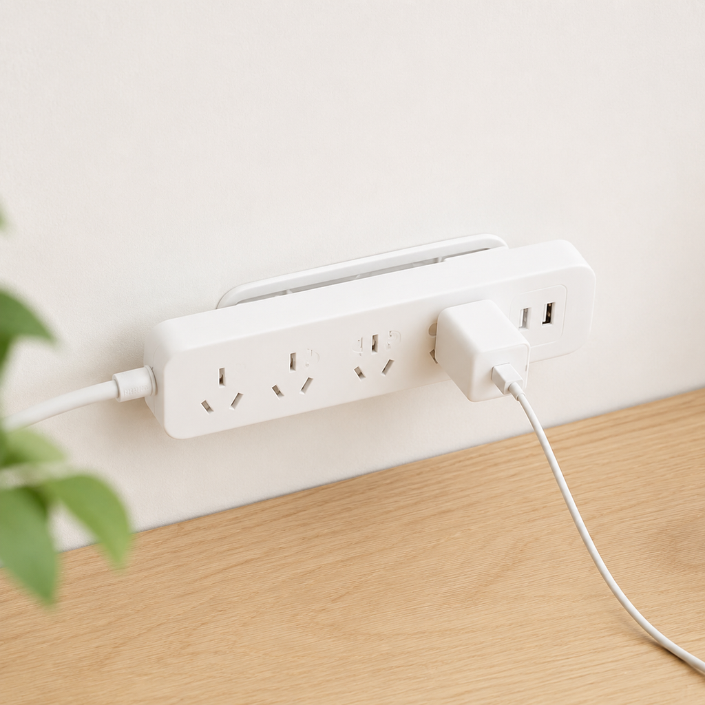 Real Desktop Socket Fixer mounting a power strip neatly above a wooden desk