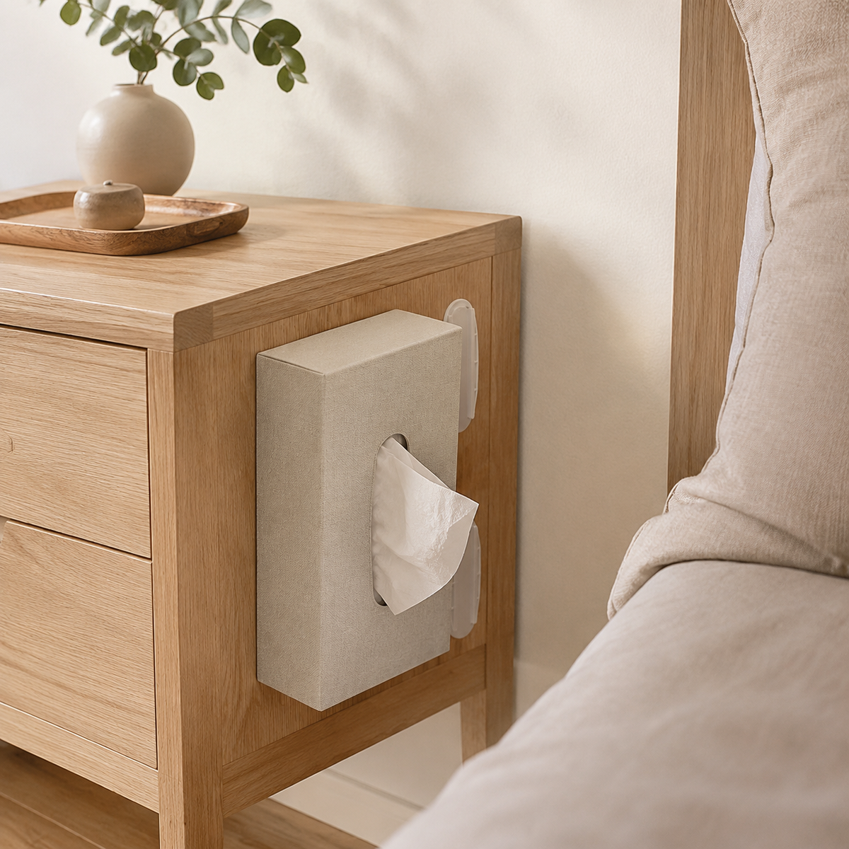 Desktop Socket Fixers mounting a tissue box beside a bedside table