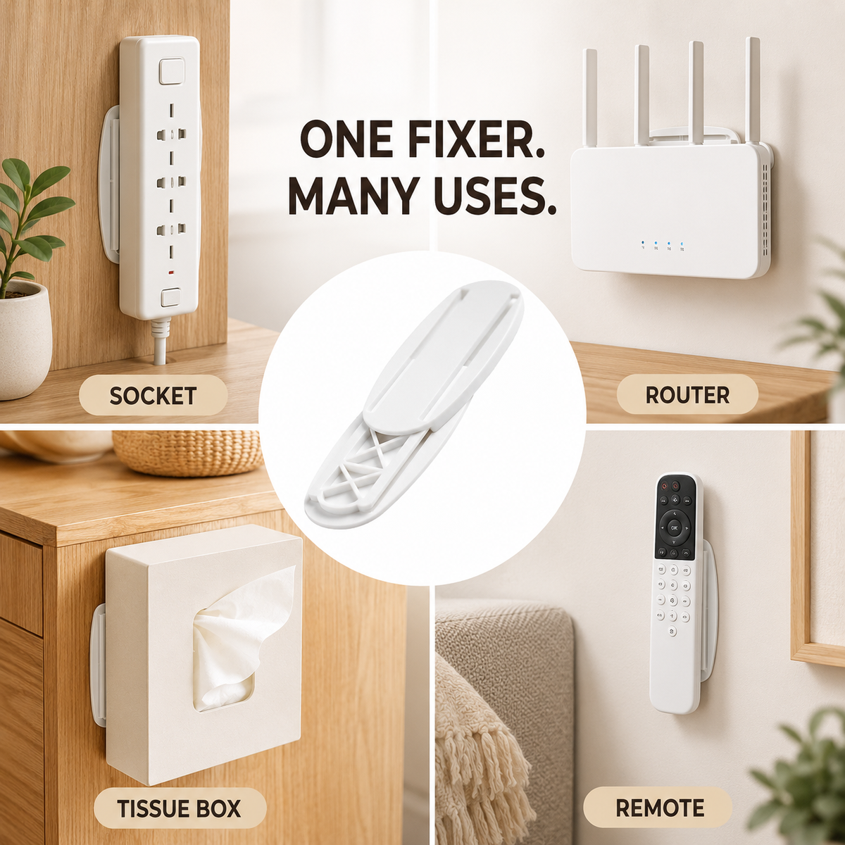 Desktop Socket Fixer uses for sockets, routers, tissue boxes and remote controls